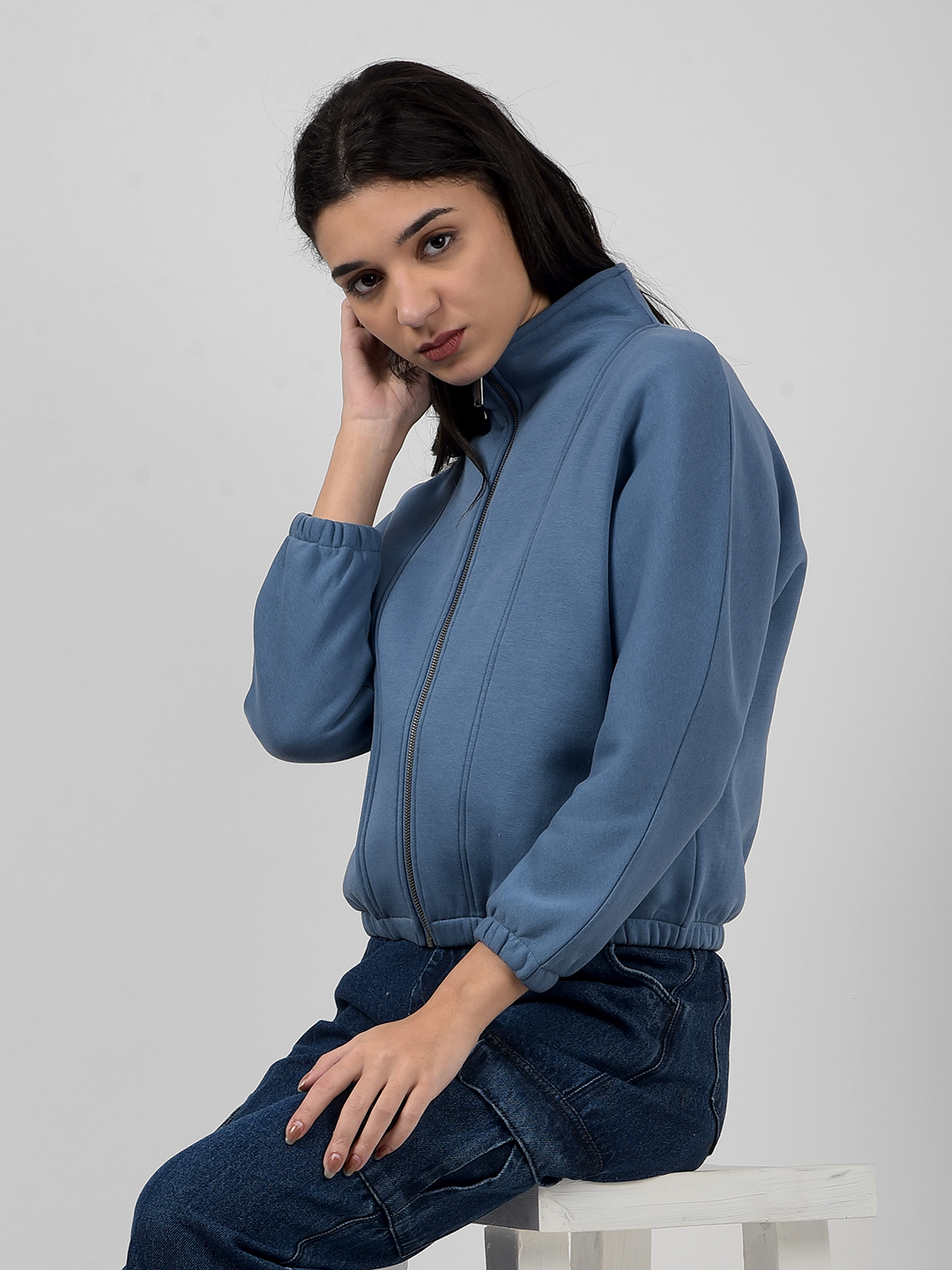Numero Uno Women Pigeon Blue Mock Neck Sweatshirts